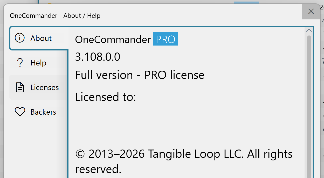 Preview of the OneCommander About dialog